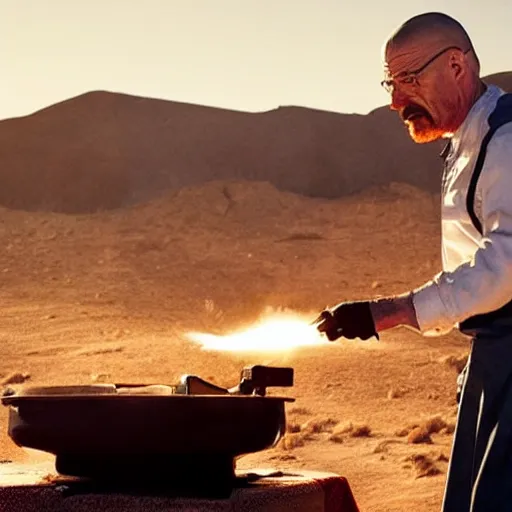 Prompt: walter white making pizza with a blowtorch in the desert, dramatic lighting, still from breaking bad