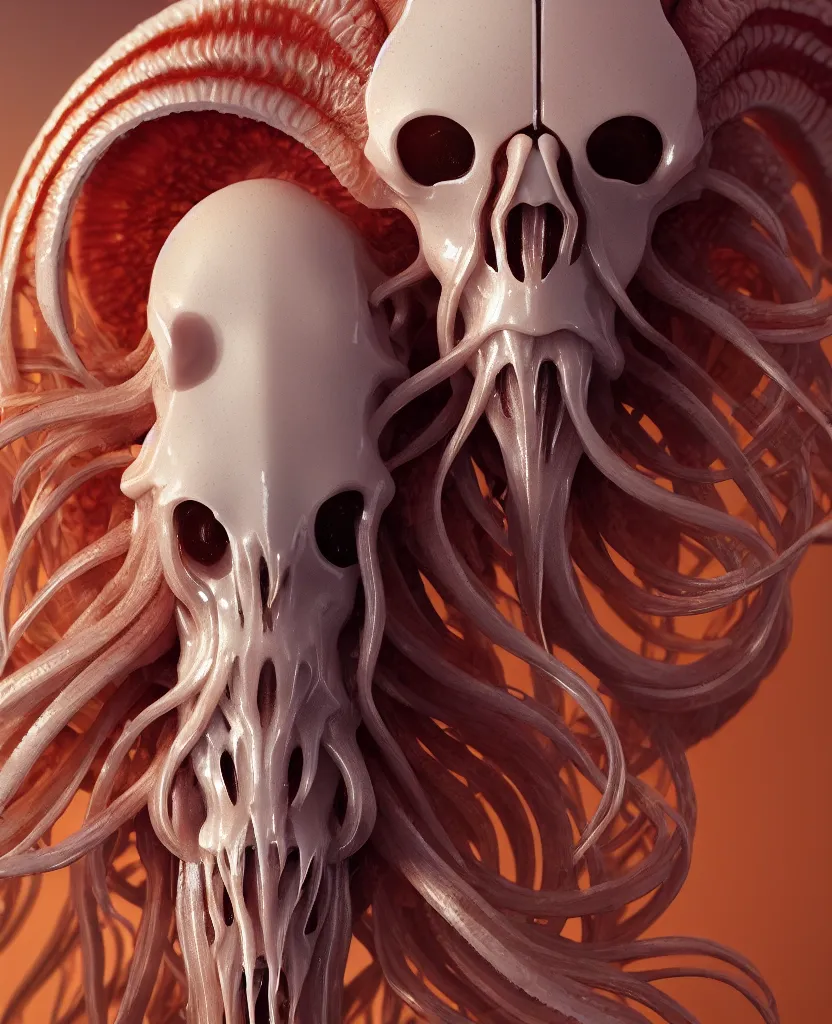 Image similar to goddess close-up portrait ram skull. jellyfish phoenix head, nautilus, orchid, ram skull, betta fish, bioluminiscent creatures, intricate artwork by Tooth Wu and wlop and beeple. octane render, trending on artstation, greg rutkowski very coherent symmetrical artwork. cinematic, hyper realism, high detail, octane render, 8k