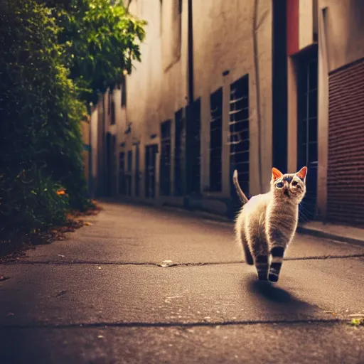 Prompt: cat running from police into an alley, high quality, photograph, studio lighting