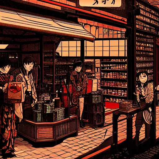 Image similar to japanese merchant in their shop, Industrial Scifi, detailed illustration, character design, by Martin Grip and Moebius