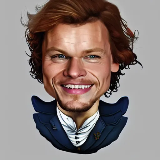 Image similar to Sam Heughan as Jamie Fraser, caricature portrait exaggerated by Sebastian Krüger and Bruno Tesse trending on artstation, hyperdetailed, funny , humor, perfect composition. Scotland background