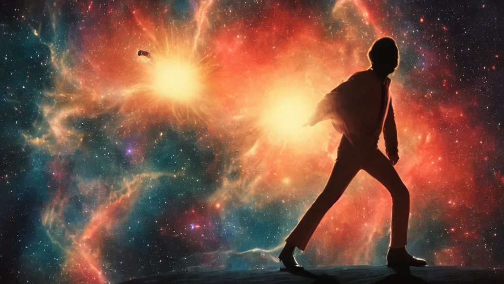Image similar to billy preston ( 1 9 7 4 ) walking on a planet. close bottom view. whole body. nebula background. cinematic composition. cinematic lightning. ultra realistic. 8 k. highly detailled. deep space. ultra realistic details. cinematic atmosphere. studio lighting. shadows. dark background.