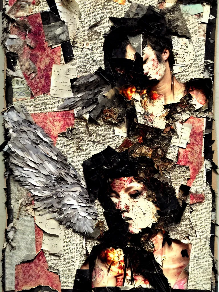 Image similar to a young adult angelgirl face obscured by smoke and ratty feathered angel wings, stressed and burnt out, collage effect, collaged, torn paper, torn paper collage, overexposure, overexposed, high exposure