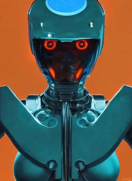 Prompt: ( ( symmetry ) ) closeup portrait of a chrome mech cyborg girl, fashion racer jumpsuit with shoulder pads, cinematic light, windy, teal orange, ( volumetric smoke ), mist, by gerald brom, by mikhail vrubel, by peter elson, muted colors, extreme detail, trending on artstation, 8 k