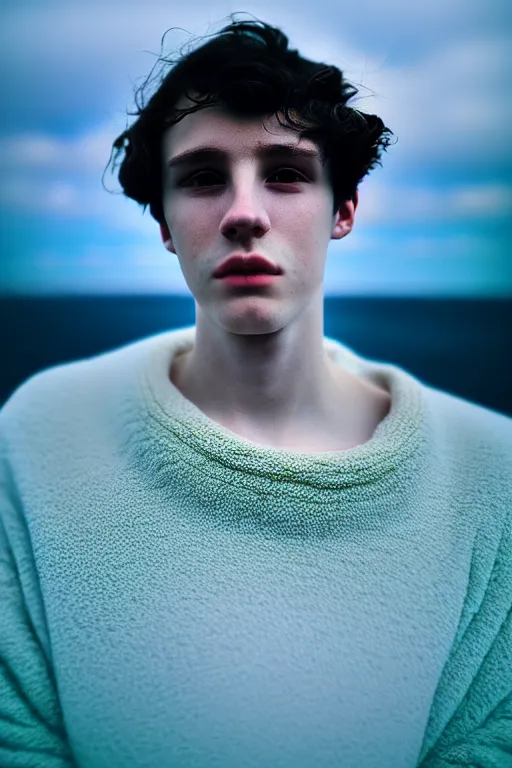 Prompt: high quality pastel coloured film mid angle selfie photograph of a beautiful young 2 0 year old male, soft features, black hair, standing in an icelandic black rock environment. atmospheric. three point light. photographic. art directed. ( pastel colours ). volumetric light. stark. waves glitch. 8 k. filmic.