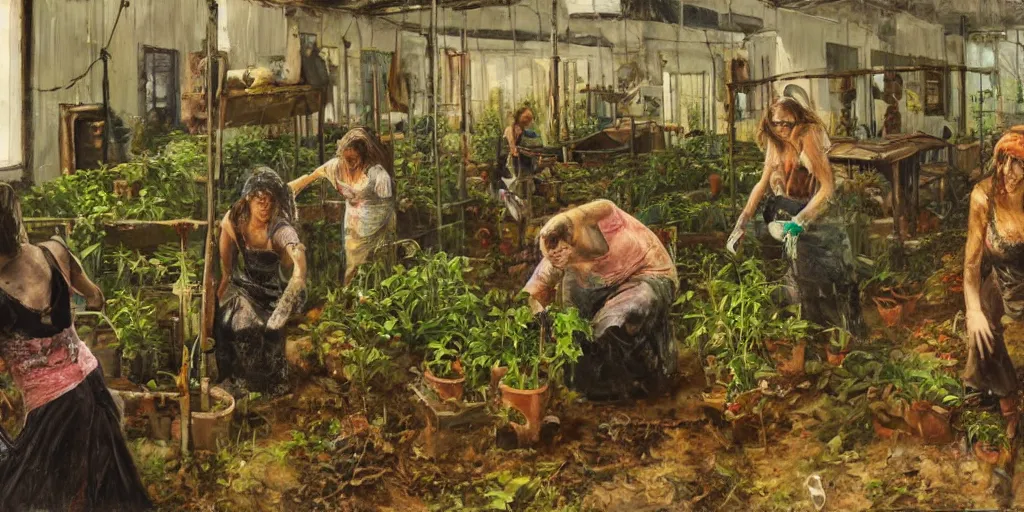 Prompt: post-apocalyptic oil painting of women cultivating an aquaponic system, wide shot, indoors