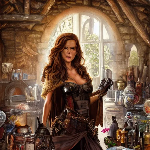 Prompt: kate beckinsale weared as thief looks up, shout, with knives in bandolier and cloak cape, sit in dark fantasy tavern near fireplace, behind bar deck with bear mugs, lockpicks and pile of gold, medieval dnd, colorfull digital fantasy art, 4k