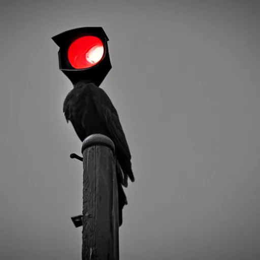 Image similar to ominous dark perched crow with glowing red surveillance camera lens for an eye (detailed realistic photograph) (gritty atmosphere)