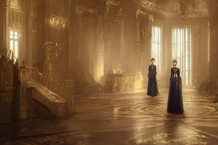 Prompt: a victorian age throne room with emily blunt on the throne, key visual, conceptart, ambient lighting, highly detailed, digital painting, artstation, concept art, sharp focus, by makoto shinkai and akihiko yoshida and greg manchess