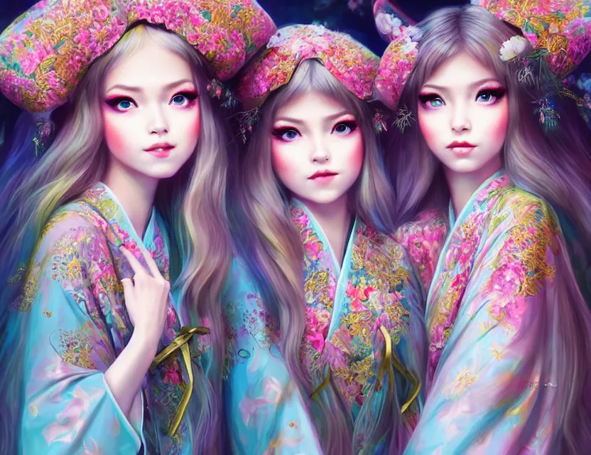 Image similar to two beautiful fashion siberian girls wear fantasy kimono in festival | | big eyes, sunny, dreamlike art, realistic shaded, smile, good looking, hyper details, 4 k realistic, cryengine, realistic shaded lighting poster by artgerm, ross tran, fuji choko, loish, 8 k resolution, trending on artstation, luxury