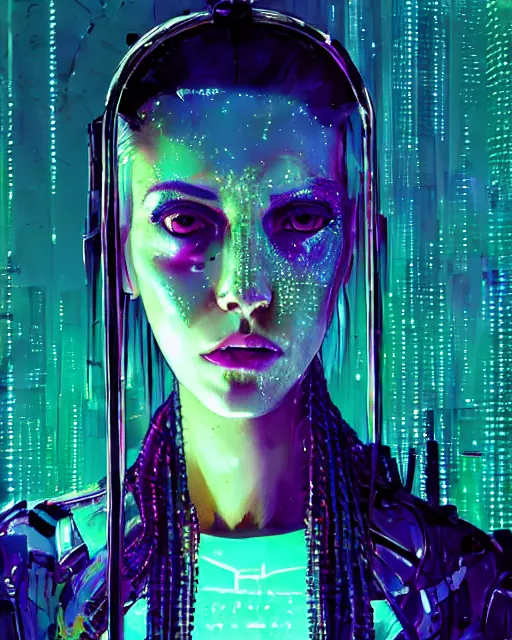 Prompt: portrait of Punk girl, standing hair line, chains, pierced, tattoed Sheen Holographic Futuristic sci-fi fashion cyberpunk, (neotokyo), synthwave, (aesthetics), futuristic, bladerunner movie scene by ismail inceoglu dragan bibin hans thoma greg rutkowski Alexandros Pyromallis Nekro Rene Margitte illustrated Perfect face, fine details, realistic shaded, fine-face, pretty face ((sharp chine))