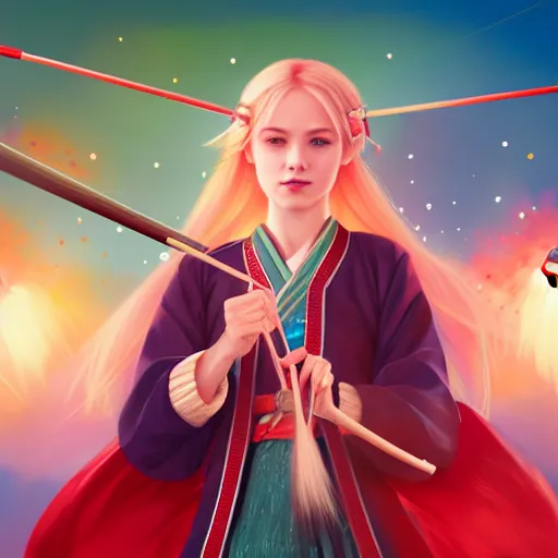 Image similar to colorful and festive captivating teenager girl with blonde hair, red japanese traditional clothes, shooting a firework with bow and arrow at the sky. rich vivid colors, ambient lighting, dynamic lighting, 4 k, atmospheric lighting, painted, intricate, highly detailed by charlie bowater