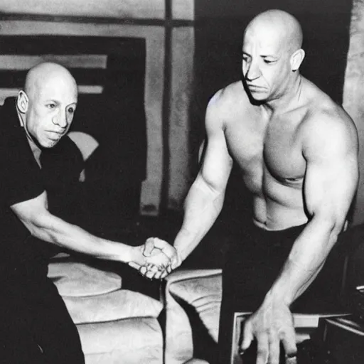 Prompt: Pablo Picasso and Vin Diesel high-fiving