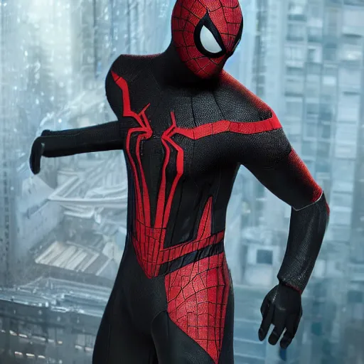 Image similar to black spider - man suit with white web lining, cinematic, volumetric lighting, realistic, hyperdetailed, photorealistic, photograph