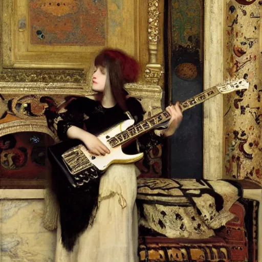 Image similar to Goth girl playing electric guitar by Mario Testino, oil painting by Lawrence Alma-Tadema, masterpiece