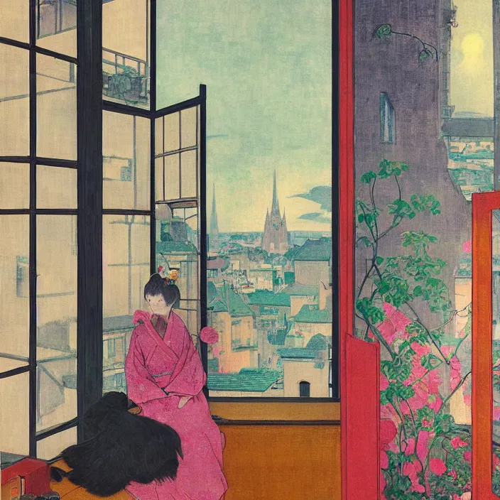Image similar to portrait of woman in colorful kimono, white cat and house plant with city with gothic cathedral seen from a window frame with curtains. thunderstorm. agnes pelton, caspar david friedrich, bonnard, henri de toulouse - lautrec, utamaro, matisse, monet