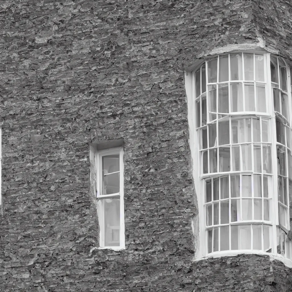 Image similar to single triangular or round sash window on a british wall, surprised and perplexed builders standing in front of it