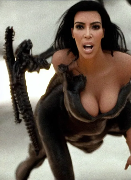 Image similar to film still of kim kardashian being held up by an xenomorph in Alien.