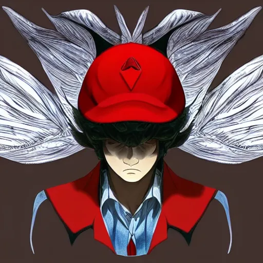 Image similar to 4K headshot of mothman with a mushroom hat and rouch clothes with giant wings , intricate face , flawless anime cel animation by Manabu Oshashi and Satoshi Kon, professionally post-processed , beautiful, scary, symmetry accurate features, epic, octane rendered, anime masterpiece, accurate