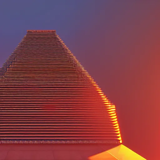 Image similar to ziggurat, photorealist, retrowave, orange color scheme, vivid lighting, sunset, digital art, rendered in unreal engine