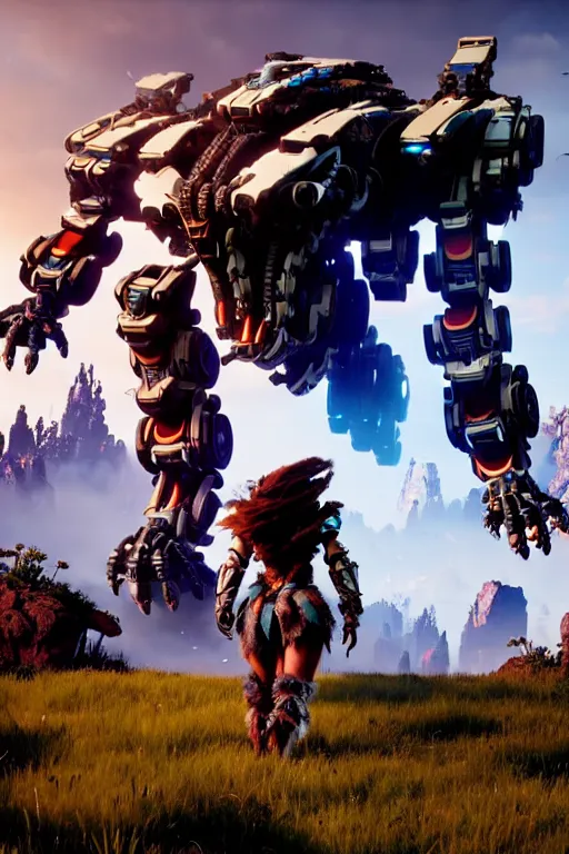 Image similar to a cinematic still from horizon zero dawn, full body mech, armored core, intact humanoid servo, octane render, nvidia raytracing demo, masterpiece, aged armor plating, decipticon armor plating, aggressive head, endoekeleton exposure