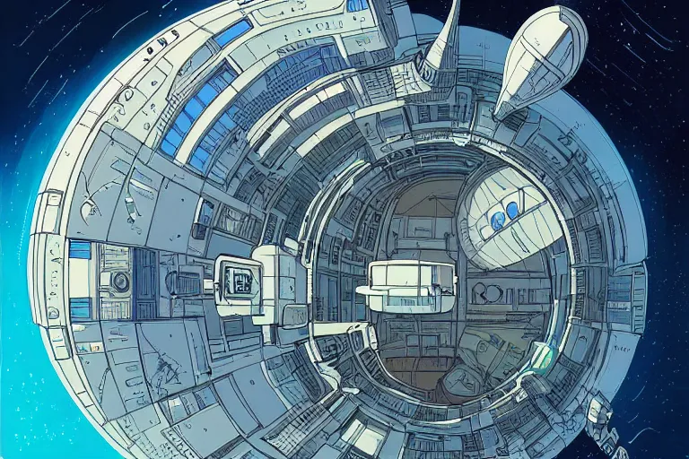 Image similar to a scifi illustration, hyper detailed external view of a space colony. aerial view. establishing shot. epic composition. flat colors, limited palette in FANTASTIC PLANET La planète sauvage animation by René Laloux
