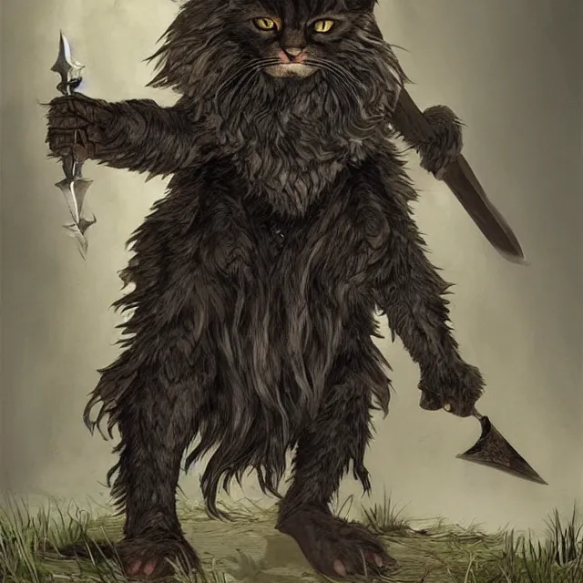 Image similar to khajit tabaxi catfolk humanoid with maine coon features black fur with a scar on the left eye and holding two shortswords cloaked in shadow and wearing hooded leather armor agile, dungeons and dragons, fantasy, tarot card style, high detail, hyper realistic