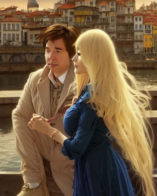 Prompt: Portrait of a  blonde lady and Michael mcintyre listening to Oasis on the Porto waterfront,real life skin, intricate, elegant, highly detailed, artstation, concept art, smooth, sharp focus, art by artgerm and greg rutkowski and alphonse mucha