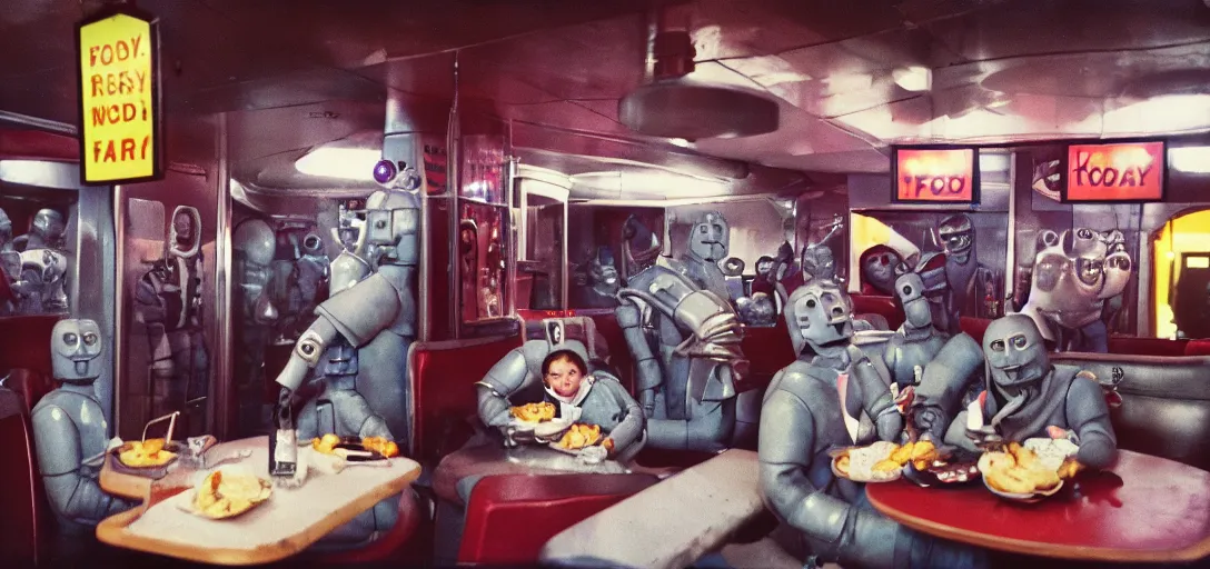 Image similar to cybermen and daleks and happy families eating fast food, inside a vintage fast food restaurant, kodak Ektachrome 10, 15mm wide angle close up