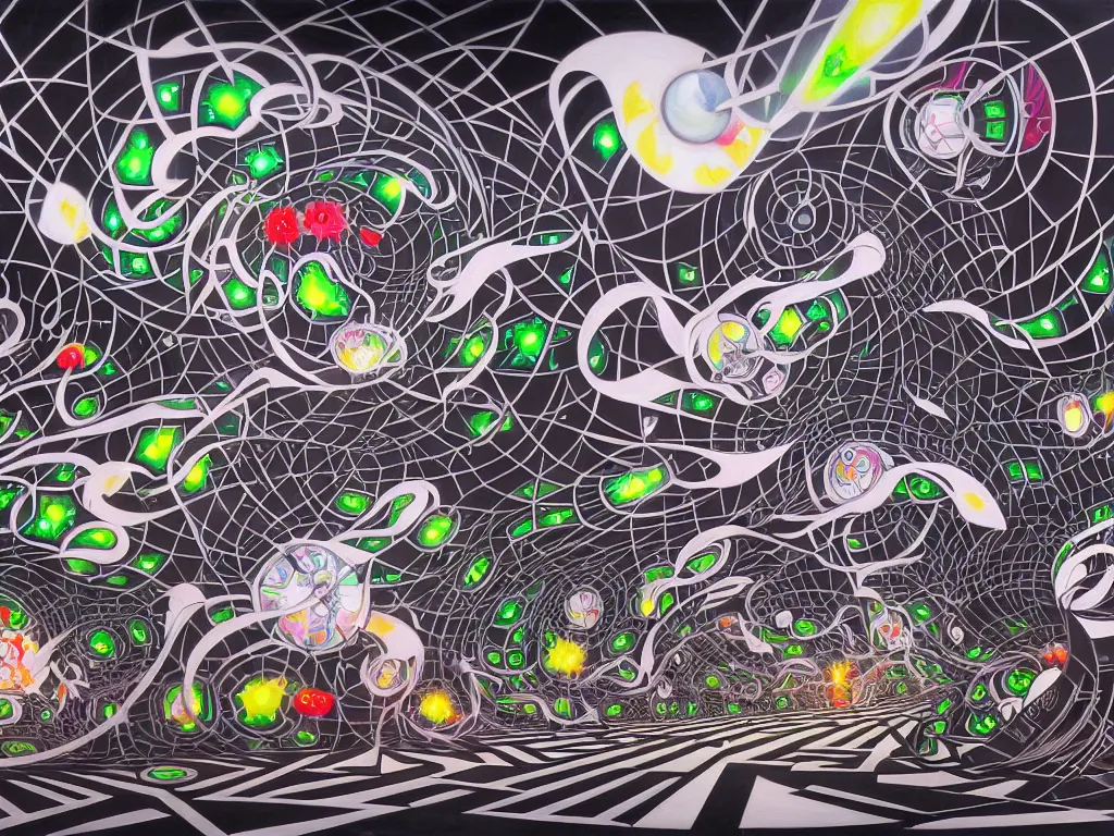 Prompt: a collision of exploding black hearts and white hearts in brutalism form of an endlessly long and winding path through an fantasy village, vivid vibrant geometric art nouveau. trending on pixiv and artstation. an absurdly detailed oil painting