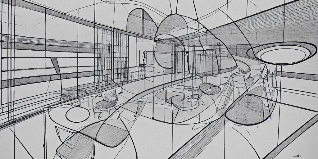 Prompt: modernist interior, seen from above, by René Laloux, line brush, line drawing