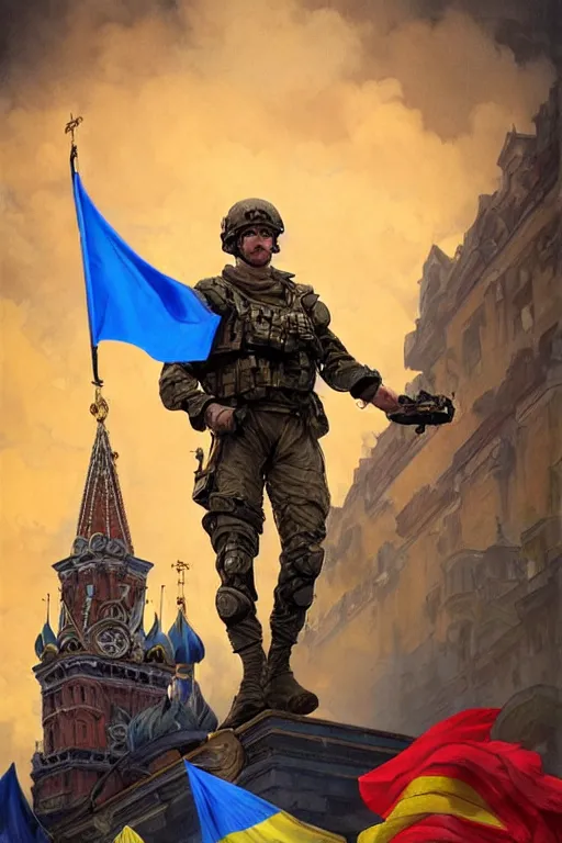 Image similar to special forces soldier raising ukrainian blue and yellow flag on red square kremlin, masculine figure, d & d, fantasy, bright atmosphere, volumetric lights, intricate, elegant, extremely detailed, digital painting, artstation, concept art, matte, smooth, sharp focus, hyper realistic, illustration, art by artgerm and greg rutkowski and alphonse mucha