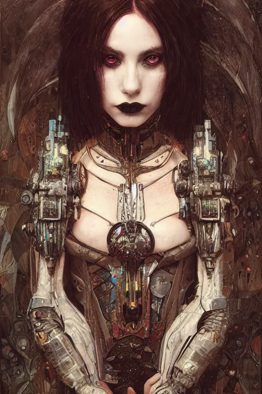 Image similar to portrait of beautiful young gothic maiden, cyberpunk, Warhammer, highly detailed, artstation, illustration, art by Gustav Klimt