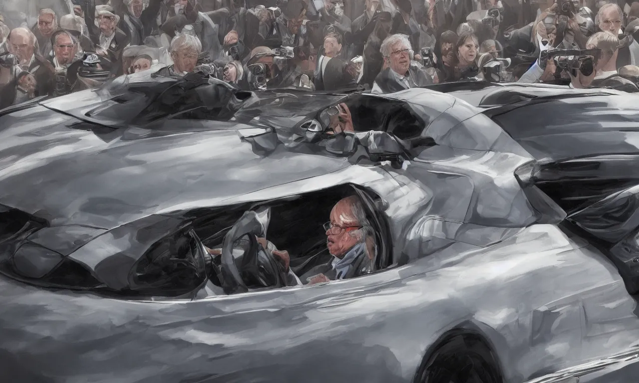 Prompt: a journalist photo of Bernie Sanders driving his opulent new sports car, cinematic, elegant, highly detail, artstation smooth, art