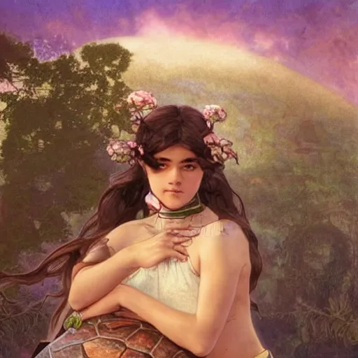 Image similar to a little warrior girl sitting on top of one giant turtle with a wise face looking at her. the girl has dark skin and beautiful green eyes, realistic full body and a very beautiful detailed symmetrical face with long black hair. diffuse light, dramatic sky and landscape, long shot fantasy illustration by mucha