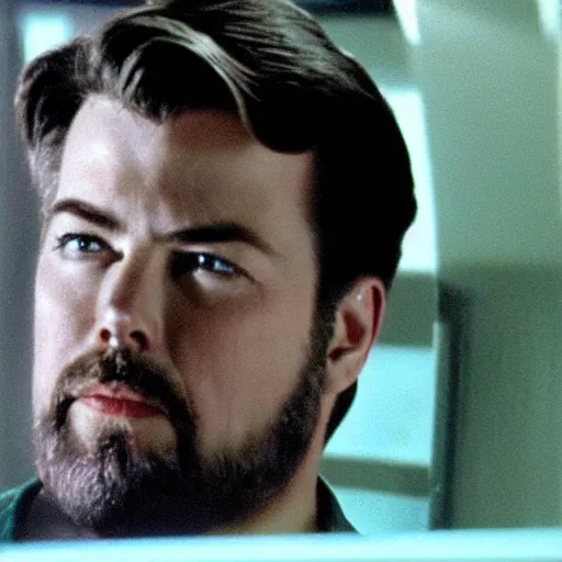 Image similar to still cinematic of william riker on the bridge of the enterprise smoking weed