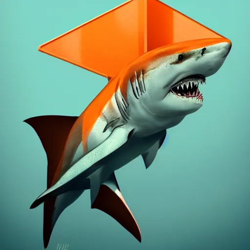 Image similar to great white shark with an orange traffic cone orange traffic cone orange traffic cone instead of a fin - ron cheng & alphonse mucha, highly detailed, digital painting, ray tracing, concept art, illustration, smooth sharp focus, intricate, symmetry, artstation,