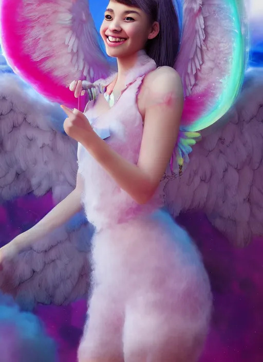 Prompt: ( ( portrait ) ) happy young lady angel with wings of cotton candy, gorgeous smiling face, white clean teeth, surreal beauty, flare, wlop octane render