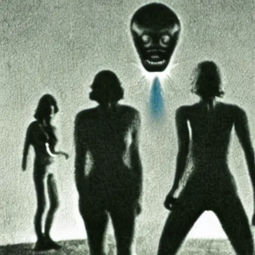 Prompt: Cryptic lost footage of an alien abduction, 1970s photograph