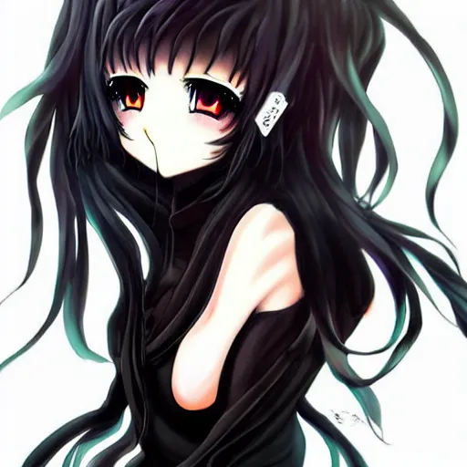 Image similar to anime girl wrapped in black seaweed, anime art, cute, detailed