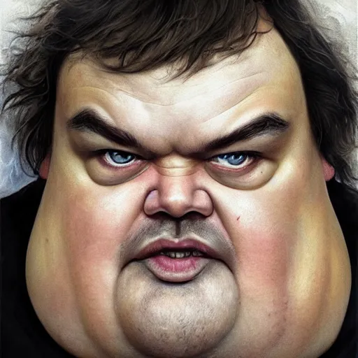 Prompt: hyperrealistic mixed media image of a grotesquely morbidly obese jack black, stunning 3 d render inspired art by istvan sandorfi and greg rutkowski, perfect facial symmetry, realistic, highly detailed attributes and atmosphere, dim volumetric cinematic lighting, 8 k octane extremely hyper - detailed render, post - processing, masterpiece,