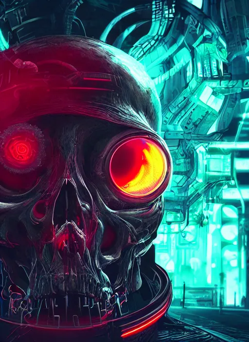 Image similar to a futuristic skull with glowing eyes and a wormhole tunnel, cyberpunk art by android jones, behance contest winner, computer art, darksynth, synthwave, rendered in cinema 4 d