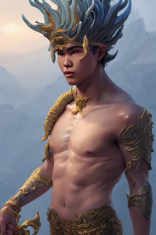 Prompt: young male sea god of the vietnamese, highly detailed, digital painting, artstation, concept art, smooth, sharp focus, illustration, unreal engine 5, 8 k, art by artgerm and greg rutkowski and edgar maxence