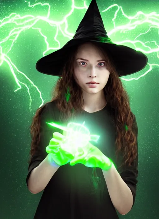 Prompt: A beautiful young witch with glowing green eyes holds a ball lightning in her hands, realistic digital art, dramatic lighting