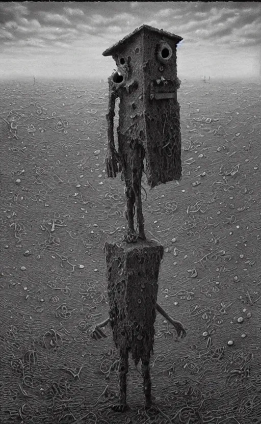 Image similar to spongebob squarepants in style of zdzisław beksinski, standing in wasteland, horror art, creepy, desolate