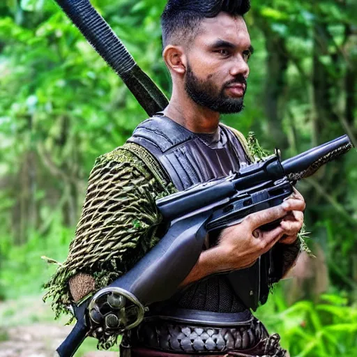 Prompt: call men wearing a jungle style clothes holding a weapon and wearing some armour looking around great photography - n 2 0
