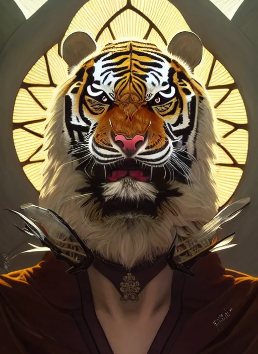 Image similar to symmetry!! portrait of a hybrid robot tiger, midsommar style, intricate, elegant, highly detailed, digital painting, artstation, concept art, smooth, sharp focus, illustration, art by artgerm and greg rutkowski and alphonse mucha, 8 k