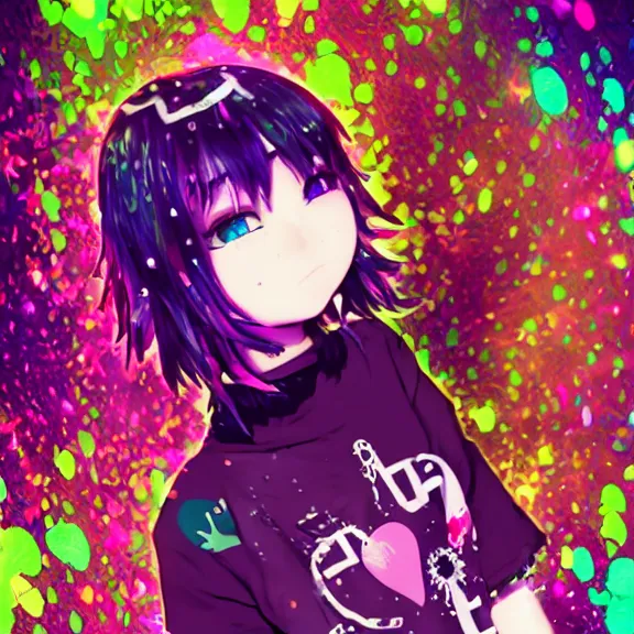 Image similar to photo of a emo manic pixie dream girl, 8k, portrait | sanrio glitchcore yokai girl, shadowverse character concept, found footage horror, glitter gif | d anime decora gyaru kawaii fashion model, v tuber, darling in the frank,asuka, anime best girl, with glitch and scribble effects, psychedelic colors, 3d render octane, by wlop, wenjr, beeple, artstation,imaginefx