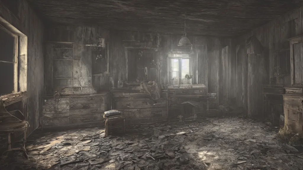 Prompt: A ghost in the shadows of a dark decrepit cottage, highly detailed interior, hyperrealistic, Lumion render, 8k UHD