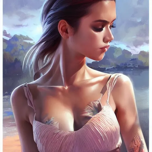 Image similar to a gourgeous digital influencer in the style of stefan kostic, realistic, full body, sharp focus, 8 k high definition, insanely detailed, intricate, elegant, art by stanley lau and artgerm